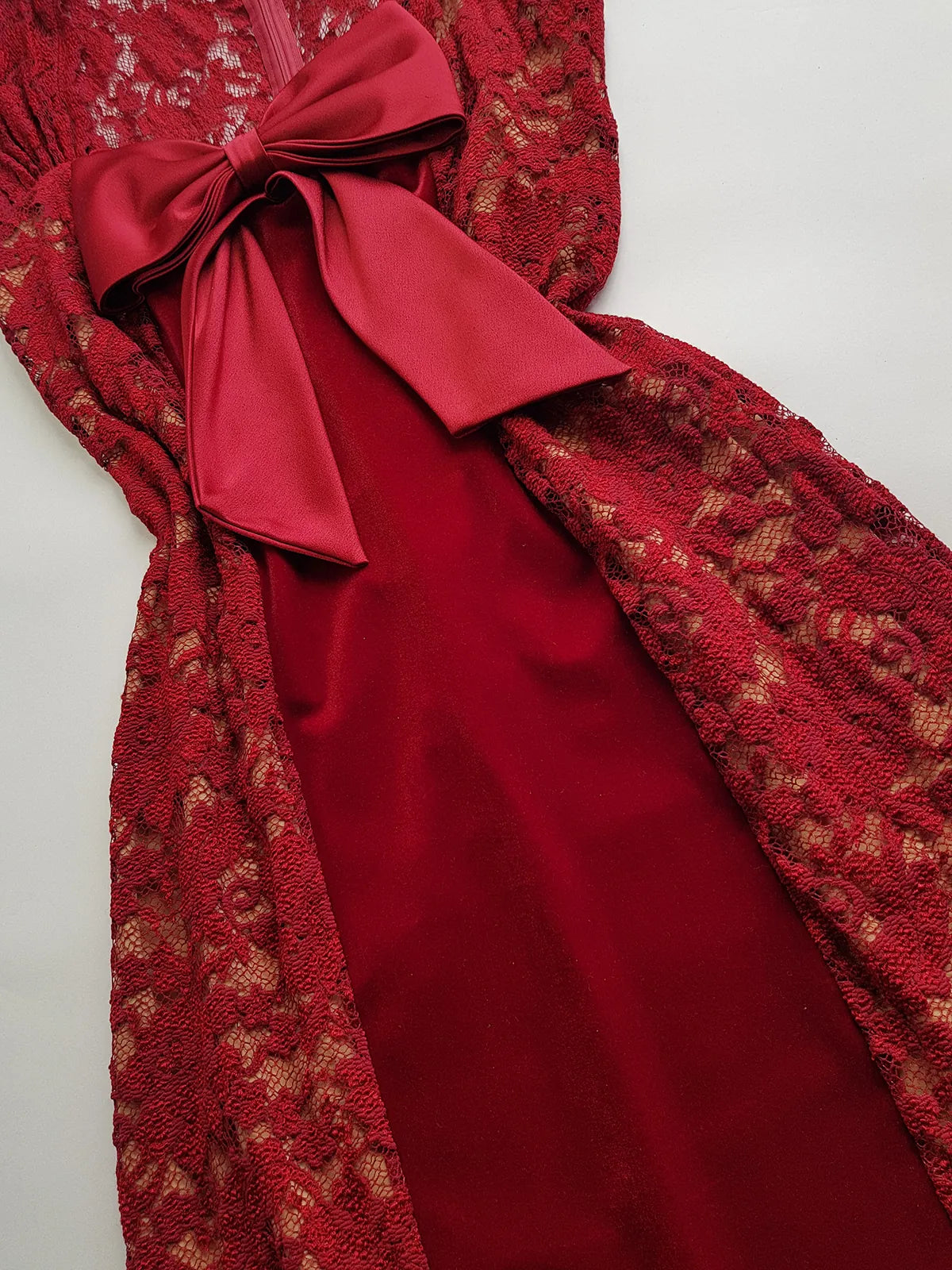 1990s Romantic Ruby Red Designer Vintage Lace & Velvet Dress - Knockout for Evening & The Perfect Dinner Date - Unbelievably Gorgeous