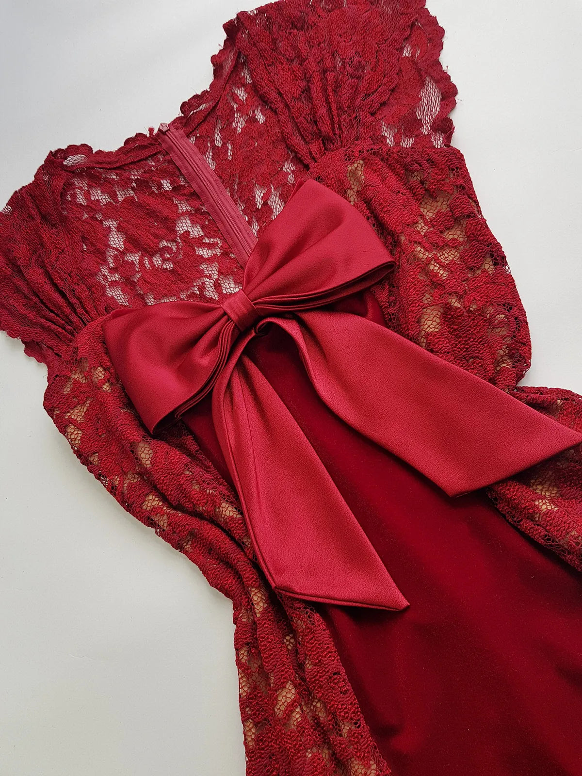 1990s Romantic Ruby Red Designer Vintage Lace & Velvet Dress - Knockout for Evening & The Perfect Dinner Date - Unbelievably Gorgeous
