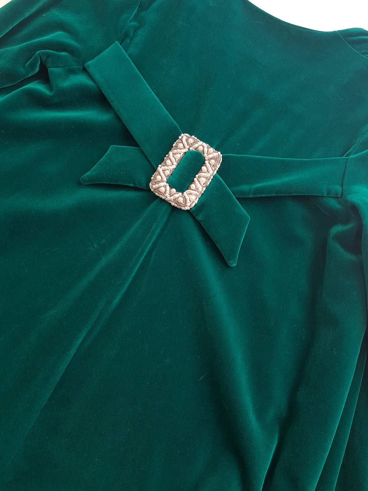 Unbelievable 1920s Peacock Green Bridal Quality Velvet Floor Length Opera Coat - Romantic Sleeves - Ornate Pearl Buckle & Bow - Unworn Condition