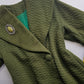 1950s Vintage Wool Hourglass Coat in Incredible Olive Green & Ornate Lapel Brooch - Knee Length - Immaculate Tailoring - Emerald Green Lining