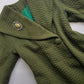 1950s Vintage Wool Hourglass Coat in Incredible Olive Green & Ornate Lapel Brooch - Knee Length - Immaculate Tailoring - Emerald Green Lining