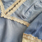1970s Authentic Gunne Sax Vintage Bridal Quality Multi Layer Summertime Dress - Blue Cotton & Ivory Lace - Corset Top Hourglass Waist & Flared Full Length Skirt - Double Layered Light & Flouncy - Unbelievably Beautiful