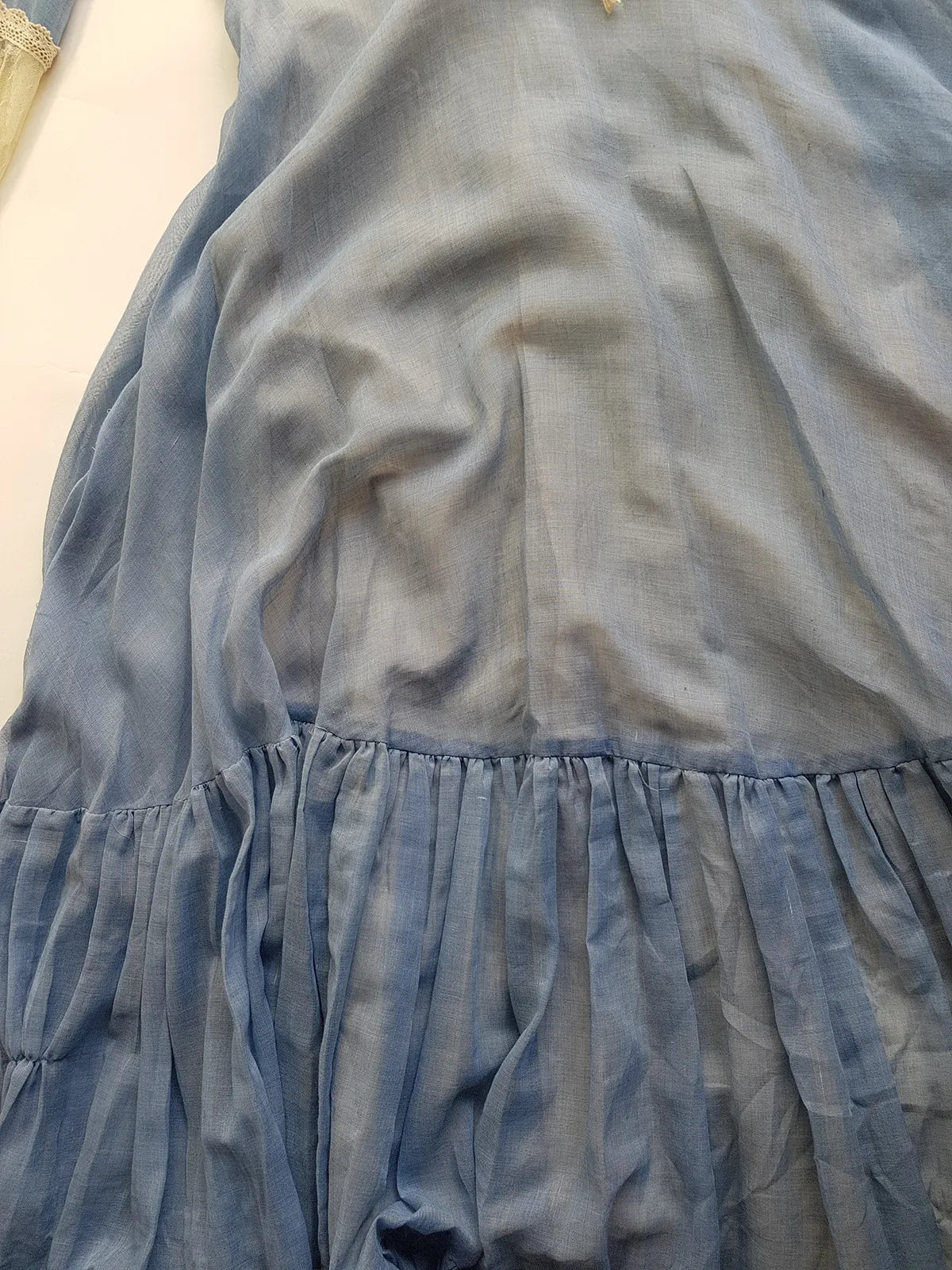 1970s Authentic Gunne Sax Vintage Bridal Quality Multi Layer Summertime Dress - Blue Cotton & Ivory Lace - Corset Top Hourglass Waist & Flared Full Length Skirt - Double Layered Light & Flouncy - Unbelievably Beautiful