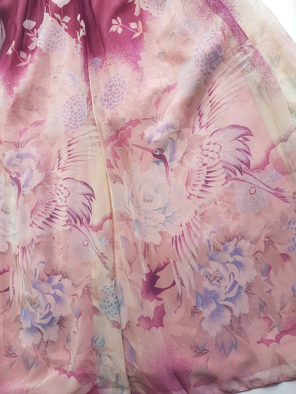 1970s Vintage Incredible Watercolor Crane Print Summertime Dress - Dusky Purples & Pinks - Hourglass Waist & Structured Bust - Double Layered Light & Strappy - Absolutely Beautiful