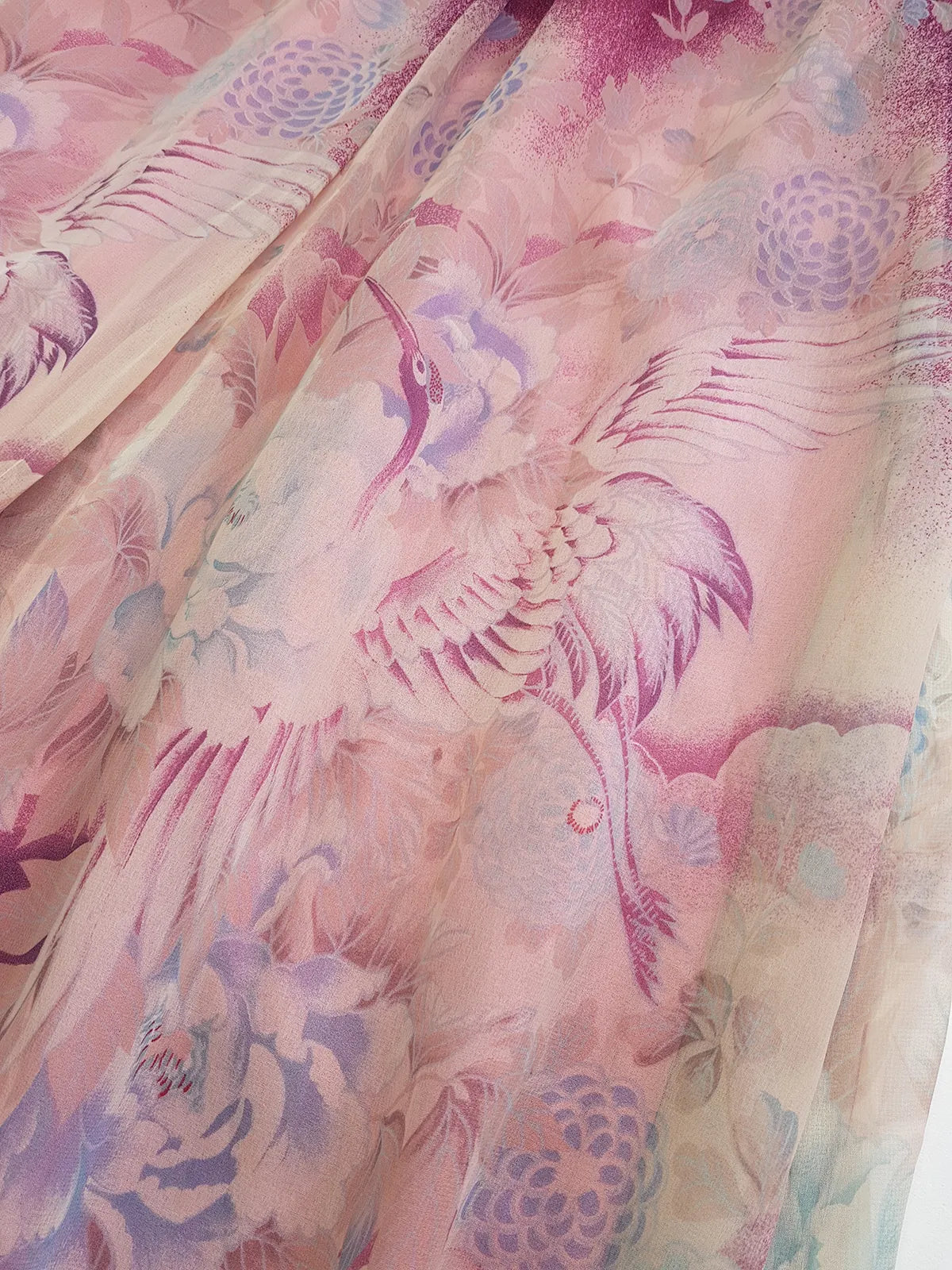 1970s Vintage Incredible Watercolor Crane Print Summertime Dress - Dusky Purples & Pinks - Hourglass Waist & Structured Bust - Double Layered Light & Strappy - Absolutely Beautiful