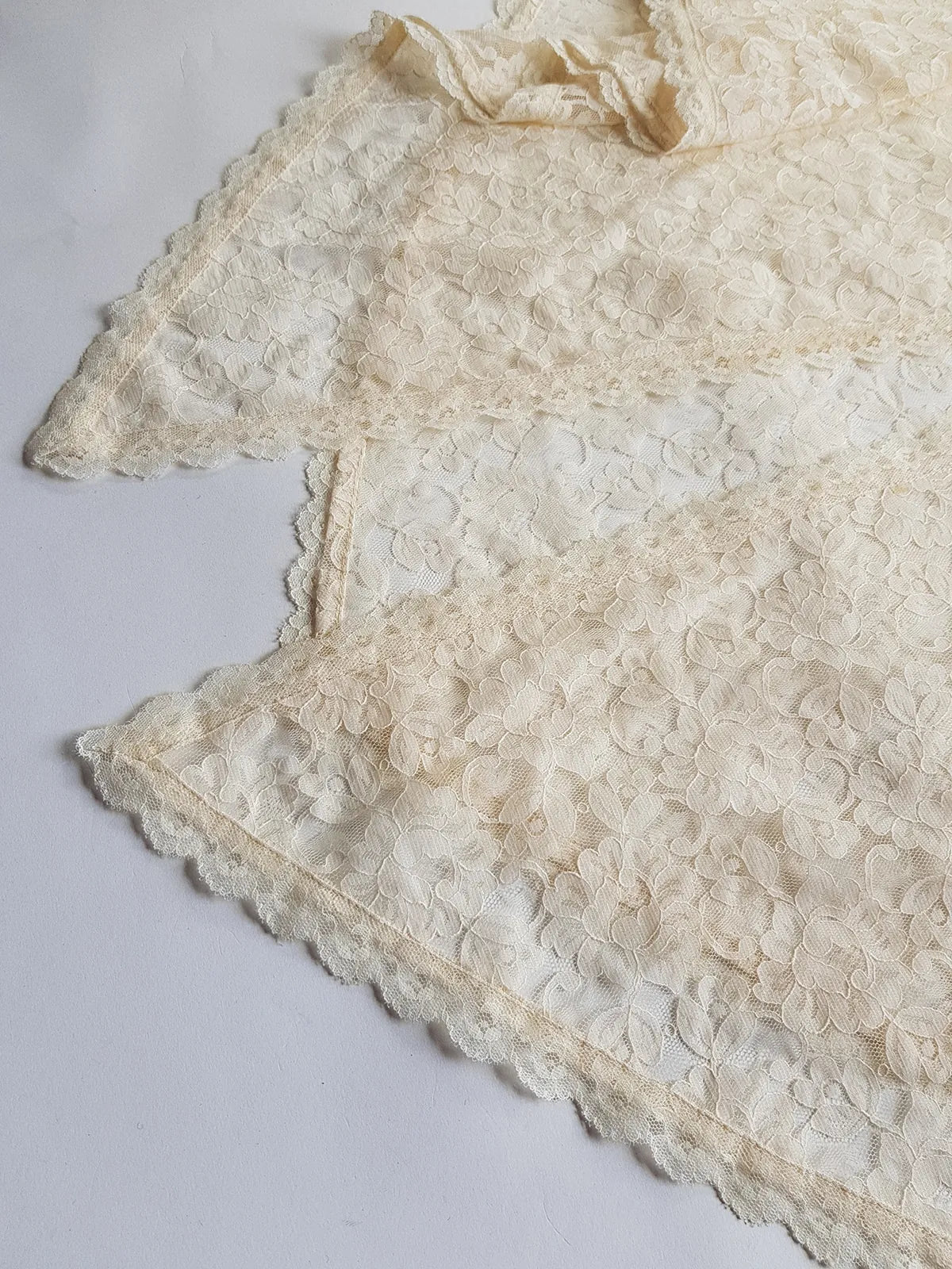 Ethereal Angelic 1950s Cape in the Lightest Ivory / Creme Lace - Ornate Edging & Tie at the front of the neck