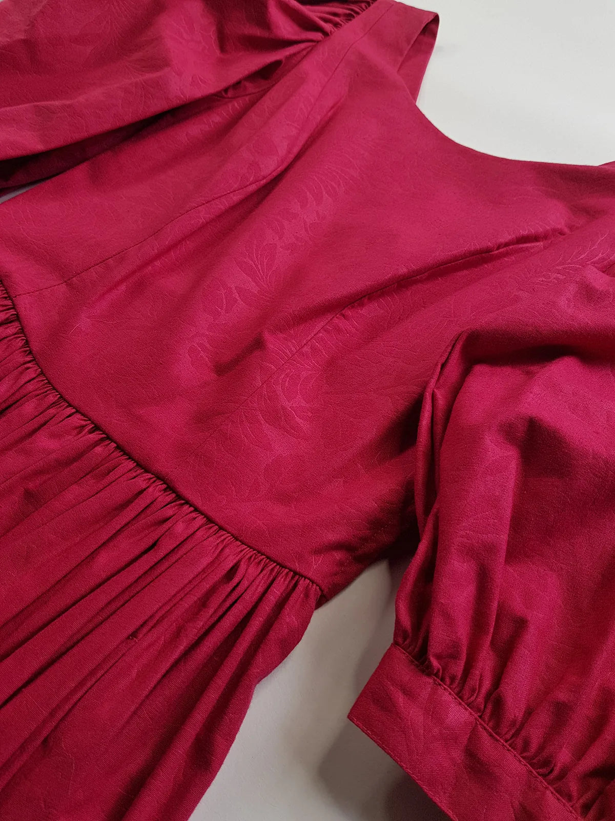 1980s Authentic Laura Ashley Designer Vintage Dress - Perfect Raspberry Colour - Fitted Top Hourglass Waist & Flared Mid Length Skirt - Puff Sleeves - Unbelievably Beautiful