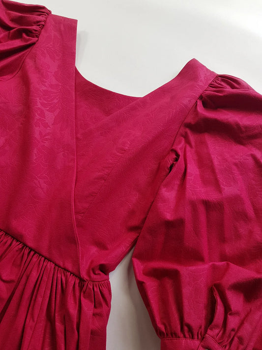 1980s Authentic Laura Ashley Designer Vintage Dress - Perfect Raspberry Colour - Fitted Top Hourglass Waist & Flared Mid Length Skirt - Puff Sleeves - Unbelievably Beautiful