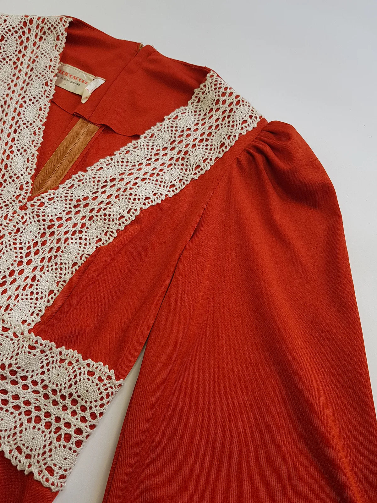 1970s Vintage Hand Crochet Trim Dress - Angel Sleeves - Hourglass Waist - Full Length - Absolutely Beautiful Sleeves