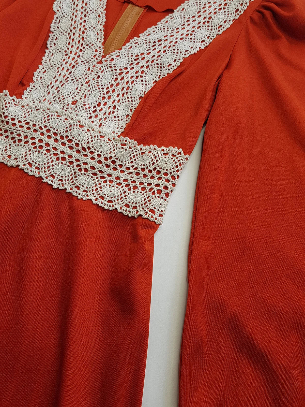 1970s Vintage Hand Crochet Trim Dress - Angel Sleeves - Hourglass Waist - Full Length - Absolutely Beautiful Sleeves