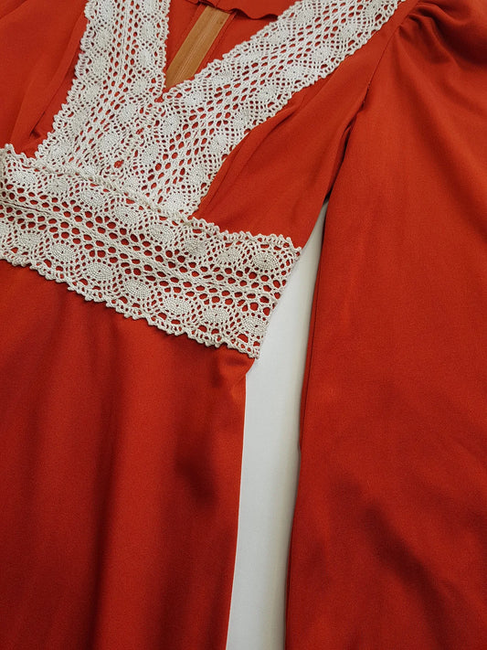 1970s Vintage Hand Crochet Trim Dress - Angel Sleeves - Hourglass Waist - Full Length - Absolutely Beautiful Sleeves