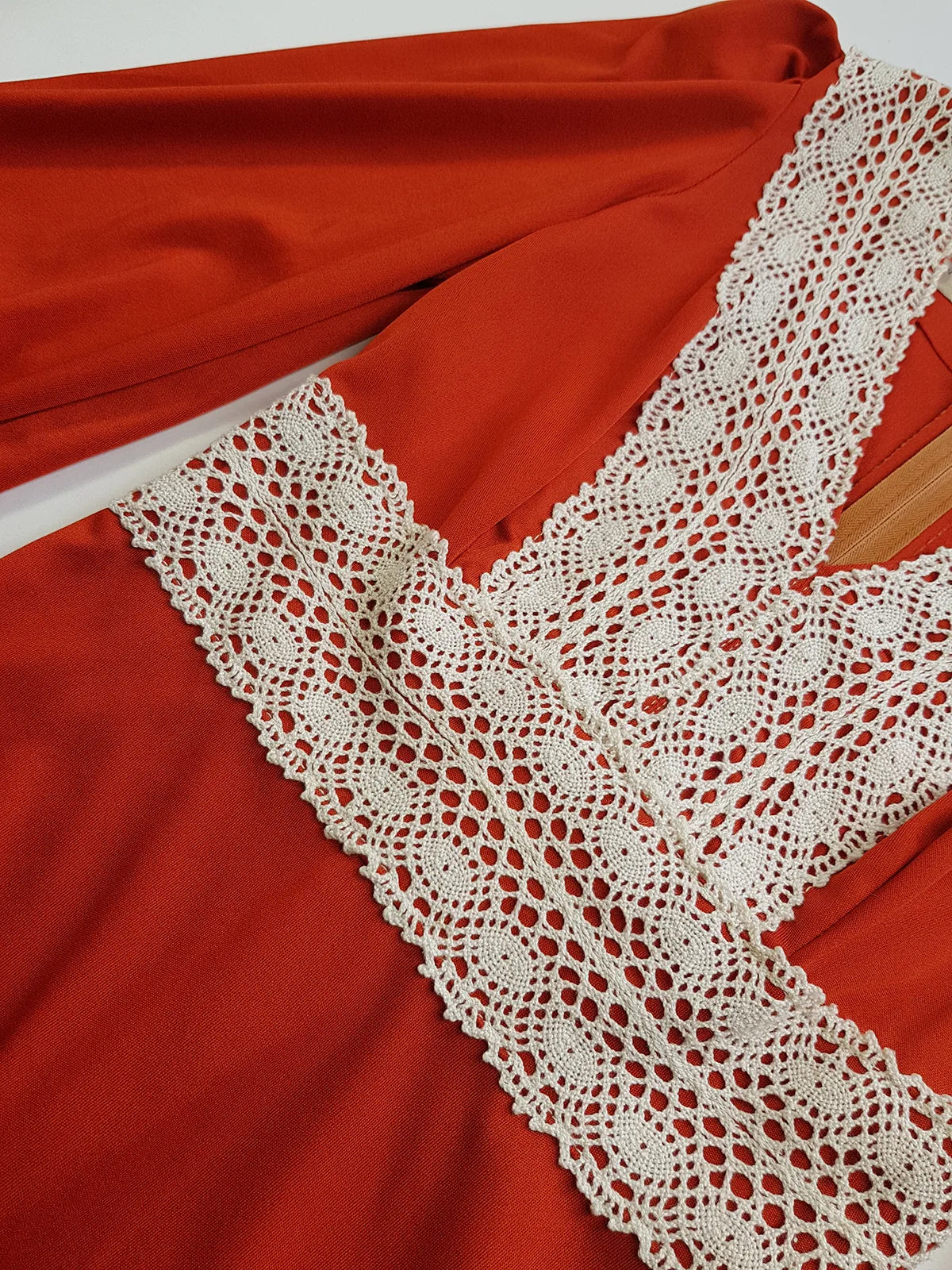 1970s Vintage Hand Crochet Trim Dress - Angel Sleeves - Hourglass Waist - Full Length - Absolutely Beautiful Sleeves