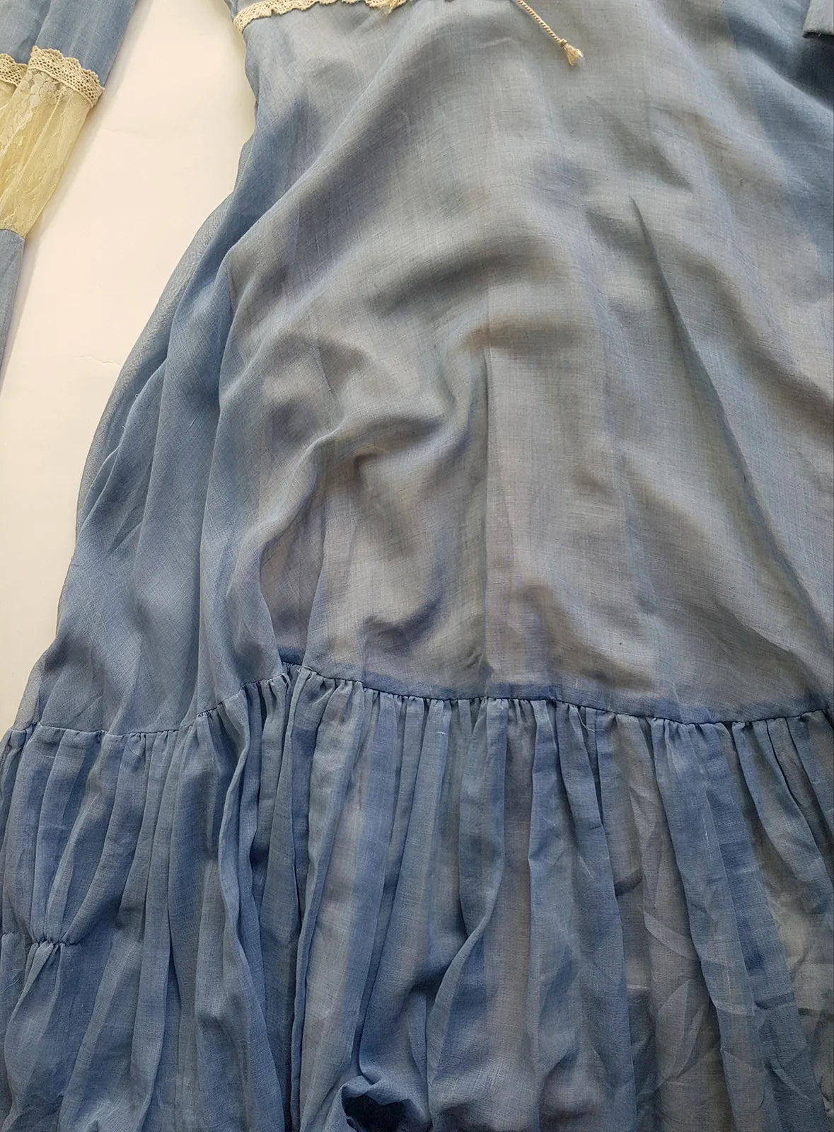 1970s Authentic Gunne Sax Vintage Bridal Quality Multi Layer Summertime Dress - Blue Cotton & Ivory Lace - Corset Top Hourglass Waist & Flared Full Length Skirt - Double Layered Light & Flouncy - Unbelievably Beautiful