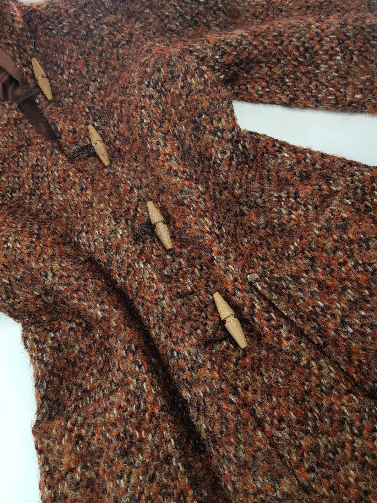 1950s Incredible Hooded Coat in Burnt Tobacco with Toggle Clasps - Fully Lined - Handmade Mohair Wool Knit