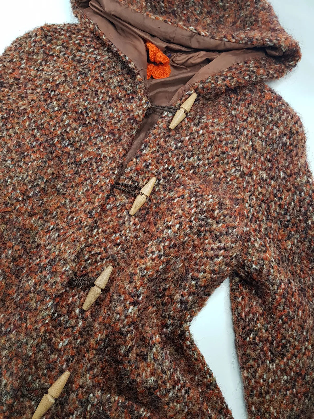 1950s Incredible Hooded Coat in Burnt Tobacco with Toggle Clasps - Fully Lined - Handmade Mohair Wool Knit