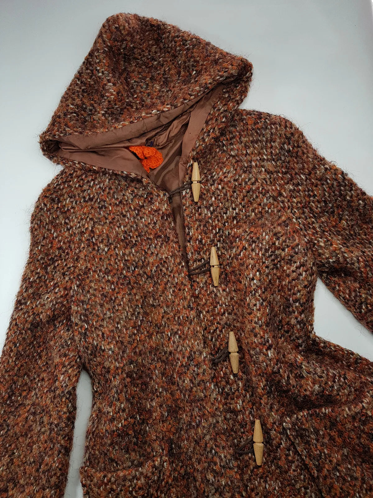 1950s Incredible Hooded Coat in Burnt Tobacco with Toggle Clasps - Fully Lined - Handmade Mohair Wool Knit