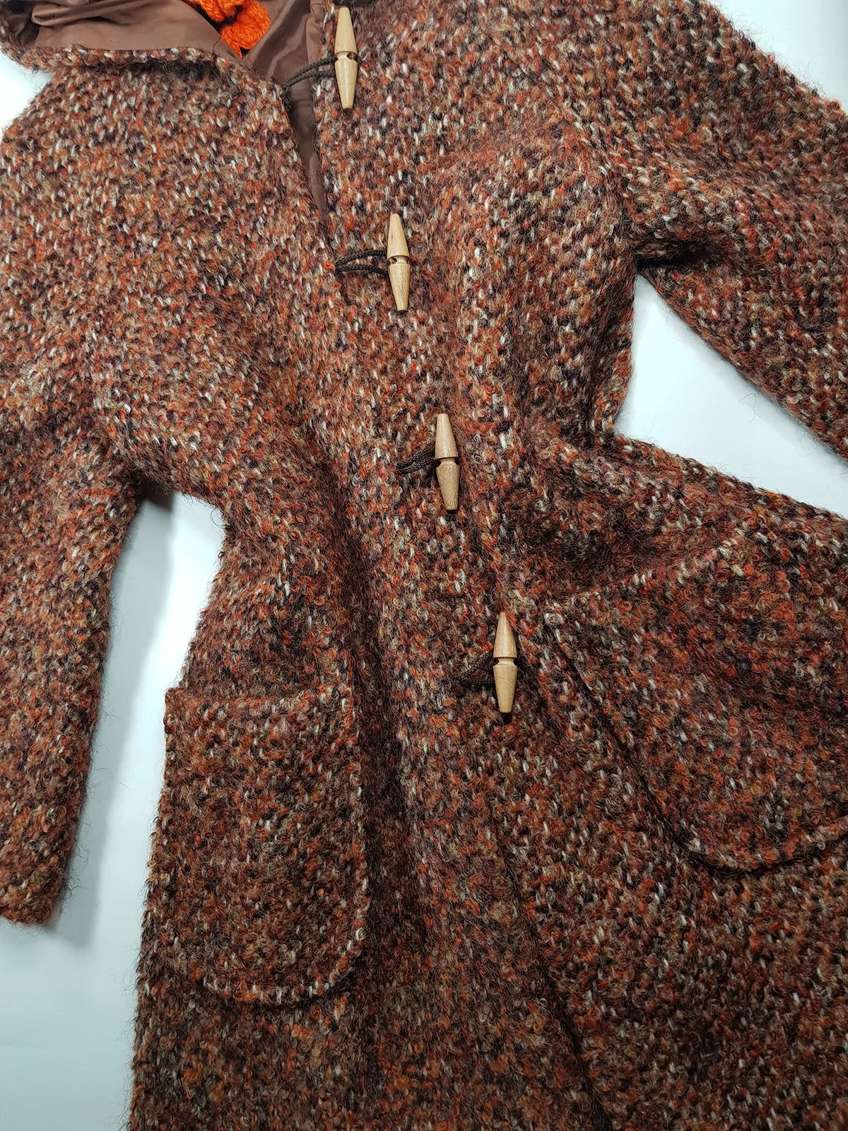 1950s Incredible Hooded Coat in Burnt Tobacco with Toggle Clasps - Fully Lined - Handmade Mohair Wool Knit