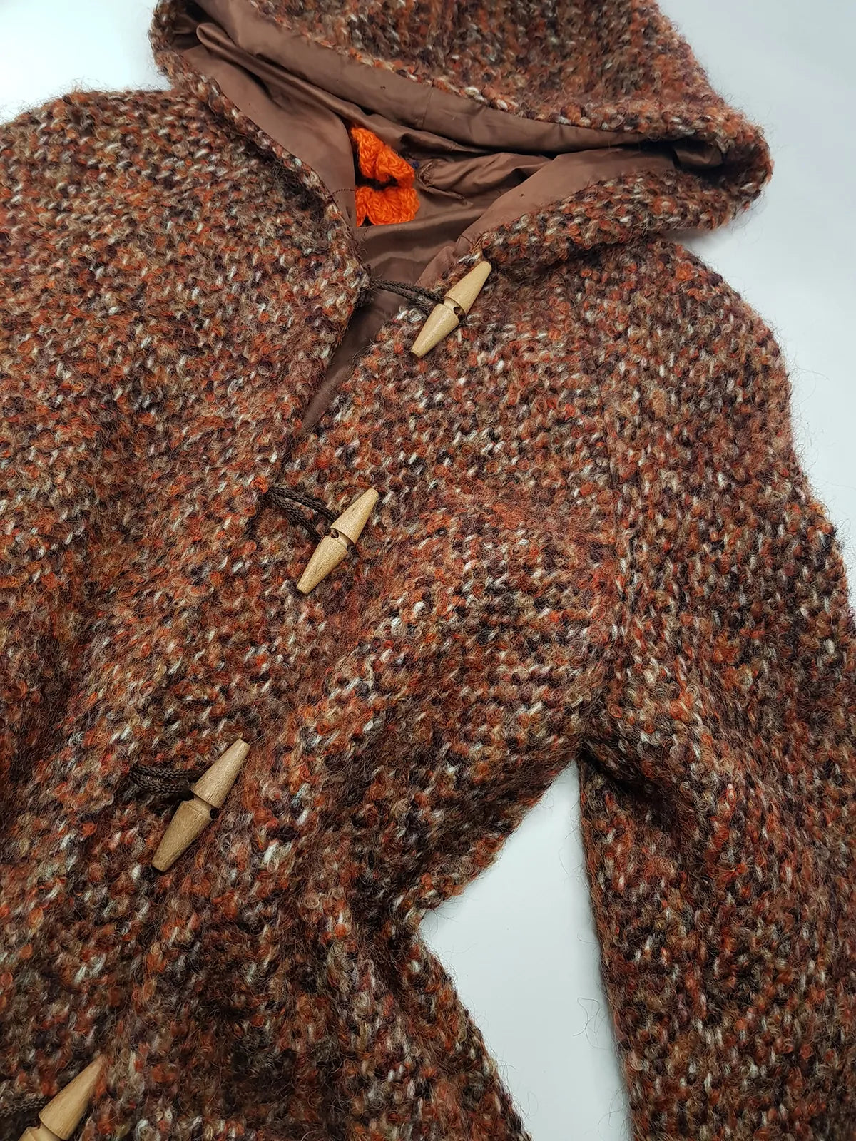 1950s Incredible Hooded Coat in Burnt Tobacco with Toggle Clasps - Fully Lined - Handmade Mohair Wool Knit
