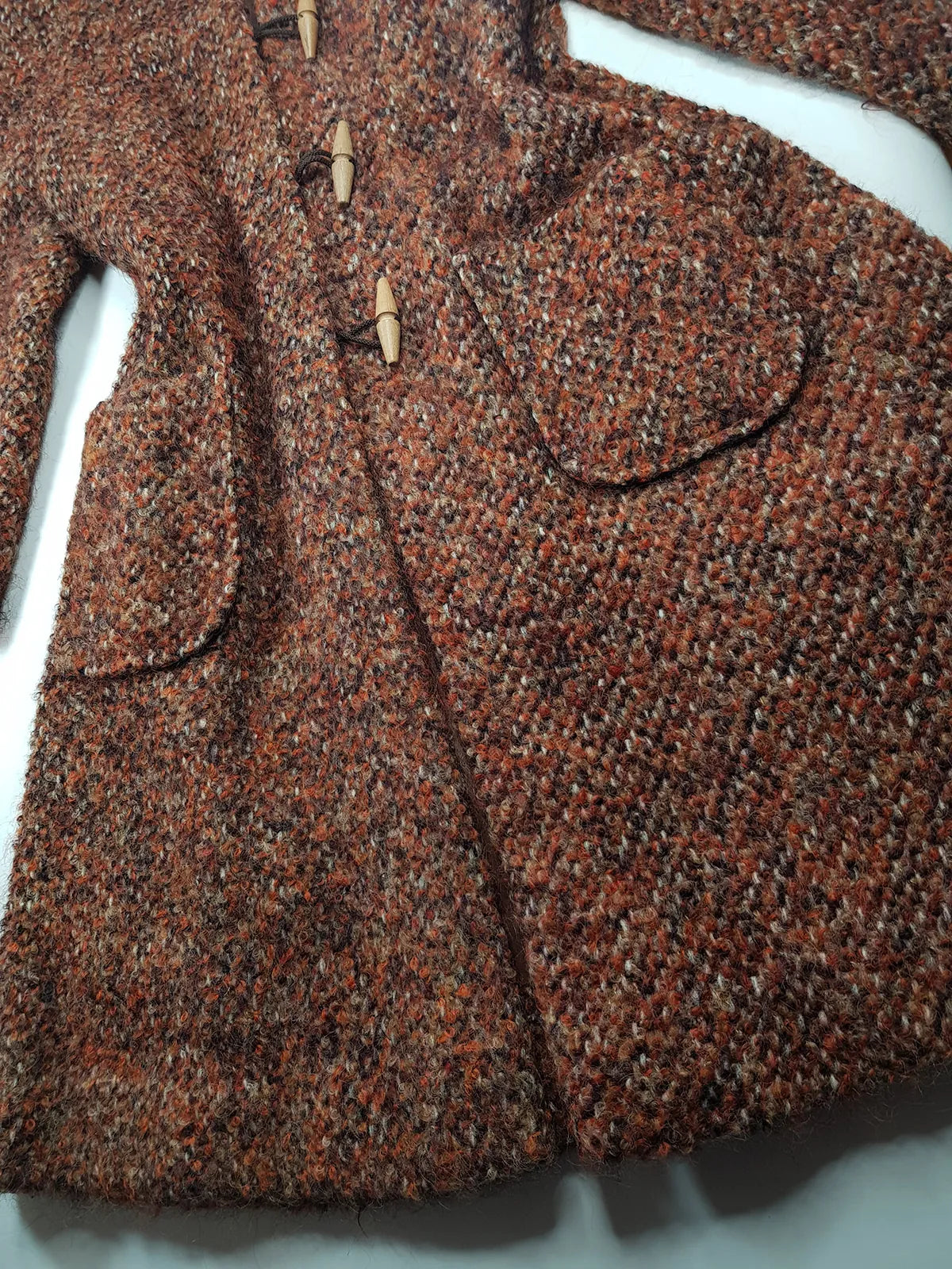 1950s Incredible Hooded Coat in Burnt Tobacco with Toggle Clasps - Fully Lined - Handmade Mohair Wool Knit