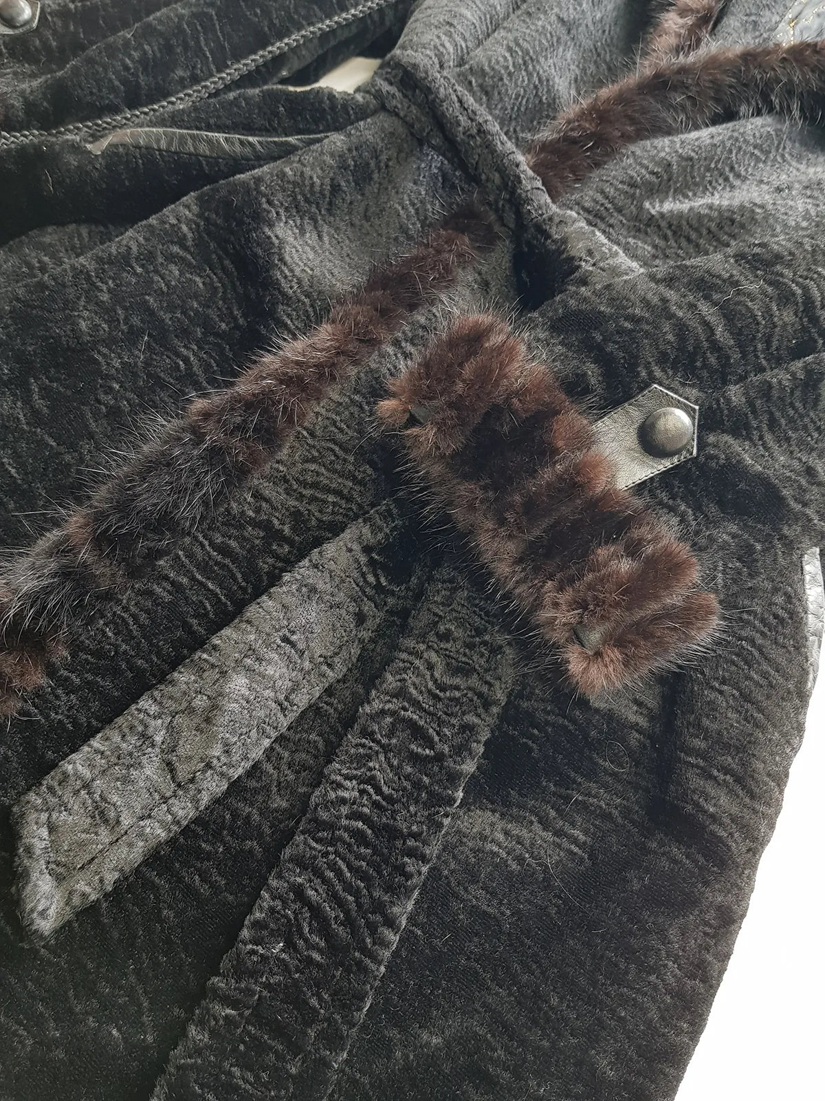 Vintage Italian Curly Lambskin & Mink Coat with Leather Features - Fur Edging & Cuffs - Belt with Fur Pom Poms