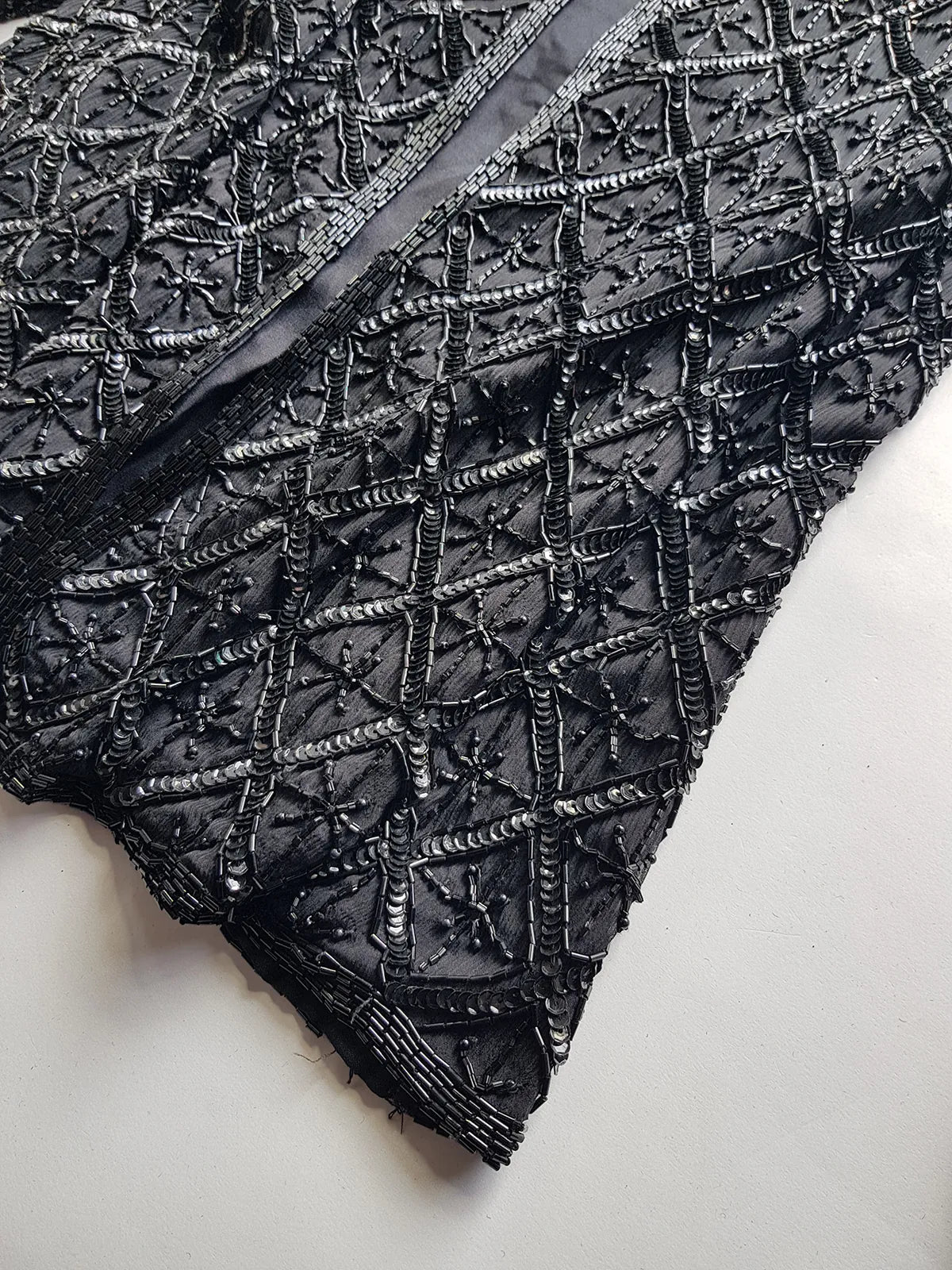 Vintage Silk Spectacular Sparkling Diamond Pattern Heavily Beaded Jacket in Black - Immaculate - Hand Beaded - Bridal Quality