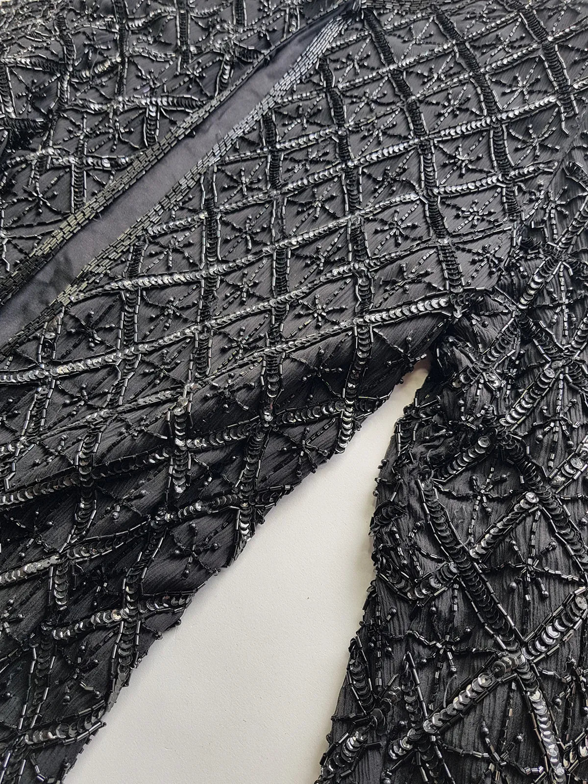 Vintage Silk Spectacular Sparkling Diamond Pattern Heavily Beaded Jacket in Black - Immaculate - Hand Beaded - Bridal Quality