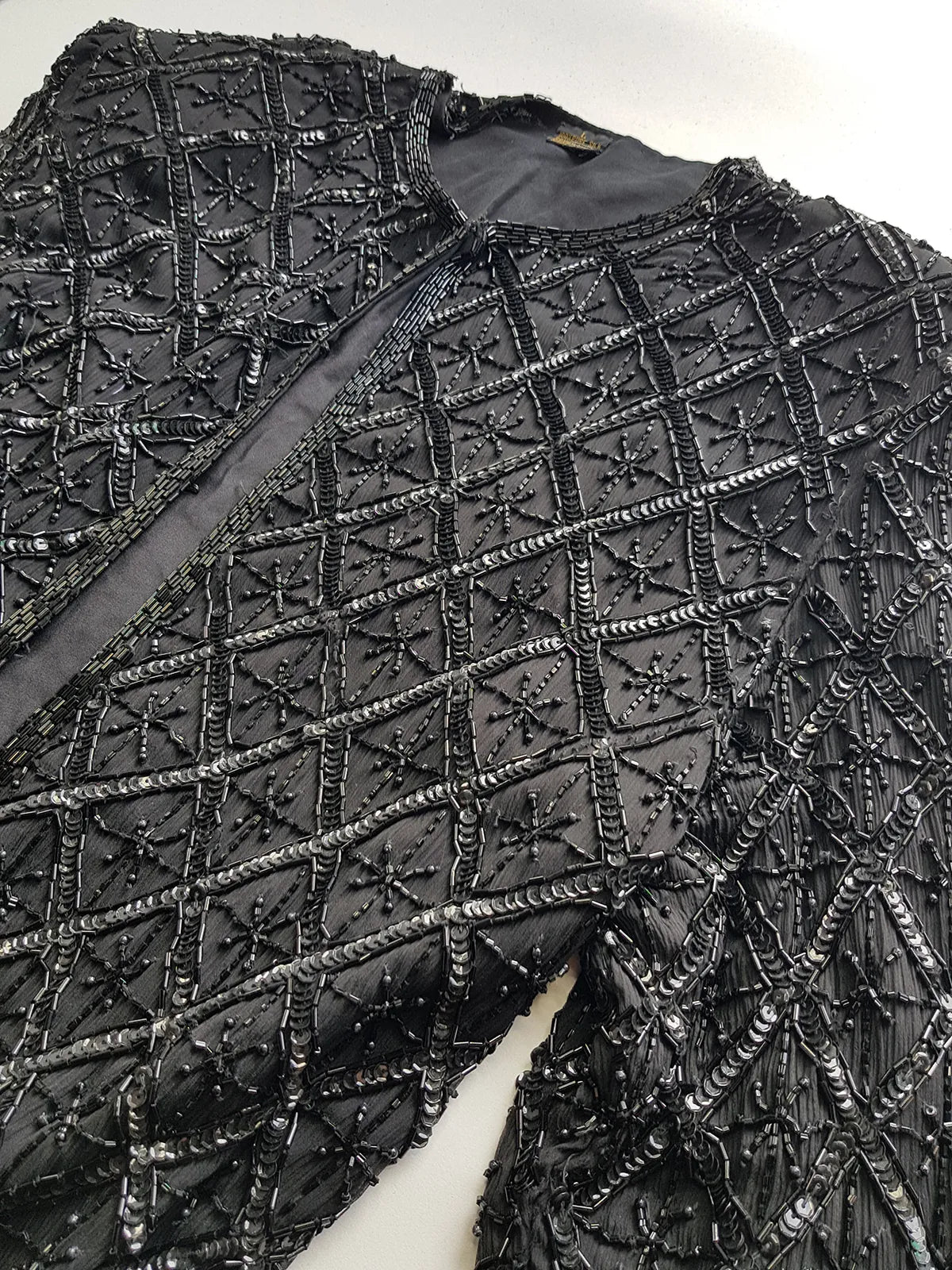 Vintage Silk Spectacular Sparkling Diamond Pattern Heavily Beaded Jacket in Black - Immaculate - Hand Beaded - Bridal Quality
