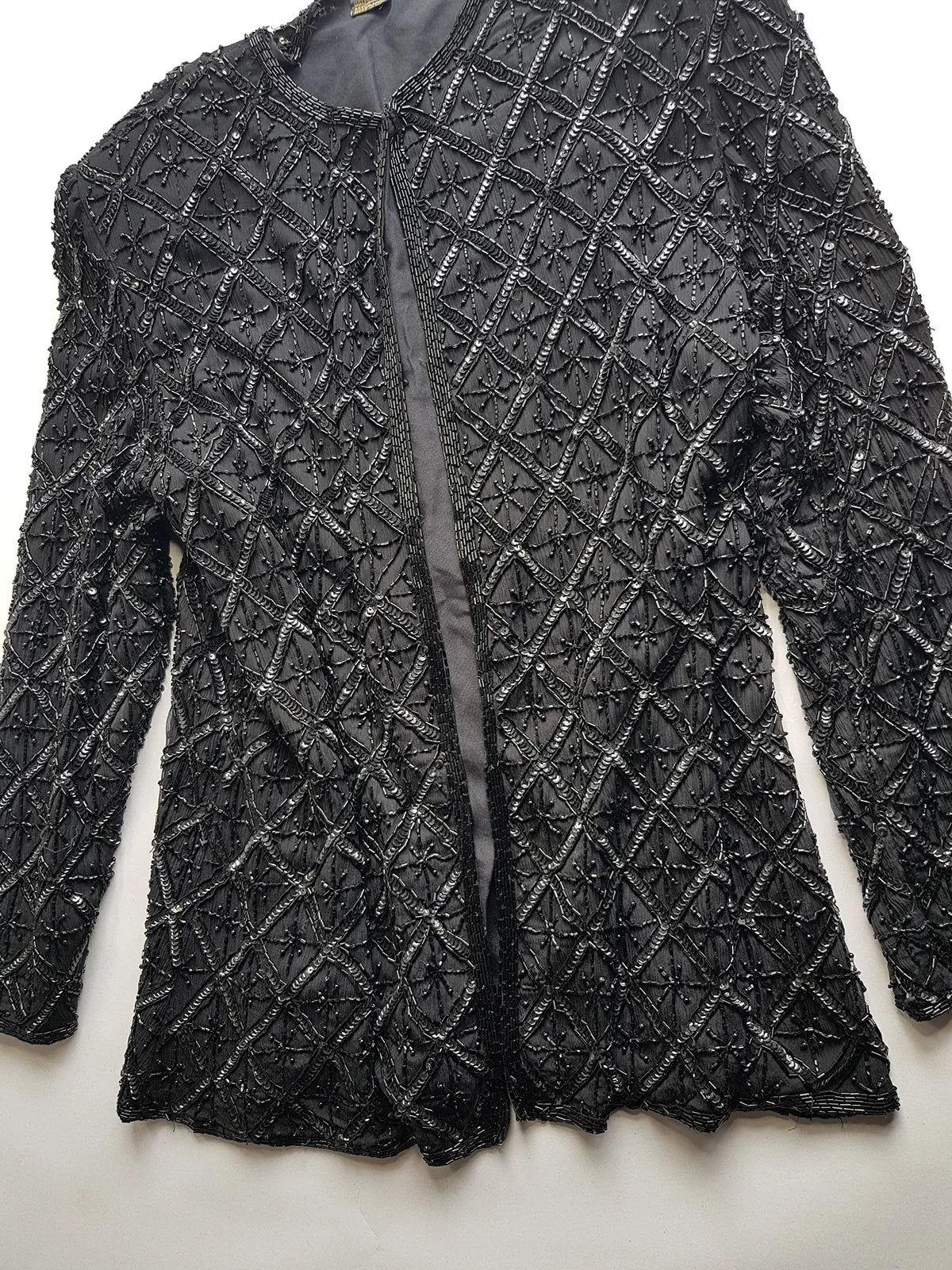 Vintage Silk Spectacular Sparkling Diamond Pattern Heavily Beaded Jacket in Black - Immaculate - Hand Beaded - Bridal Quality