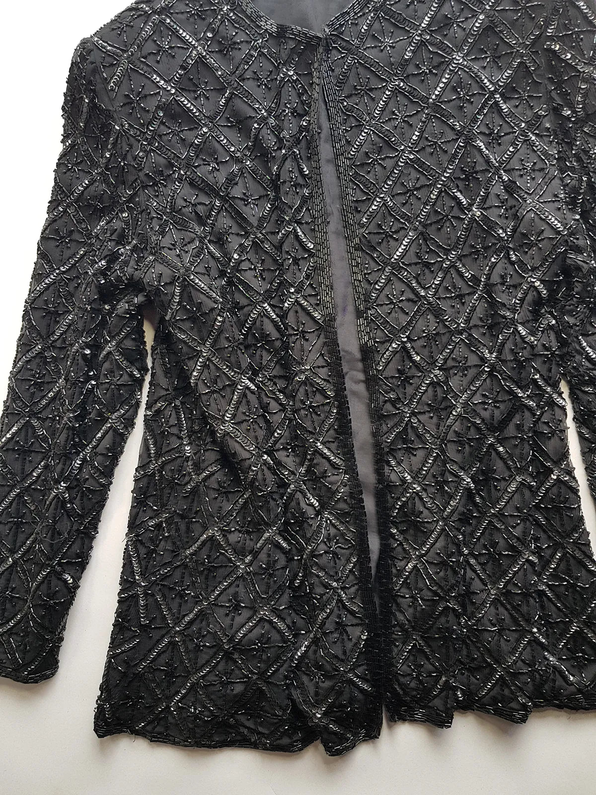 Vintage Silk Spectacular Sparkling Diamond Pattern Heavily Beaded Jacket in Black - Immaculate - Hand Beaded - Bridal Quality