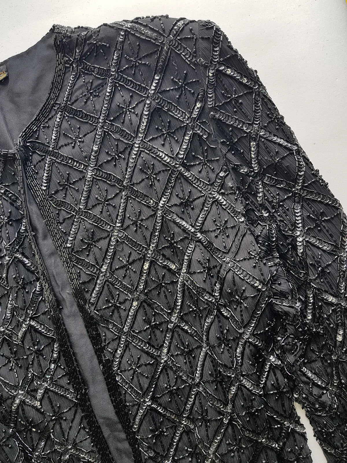 Vintage Silk Spectacular Sparkling Diamond Pattern Heavily Beaded Jacket in Black - Immaculate - Hand Beaded - Bridal Quality
