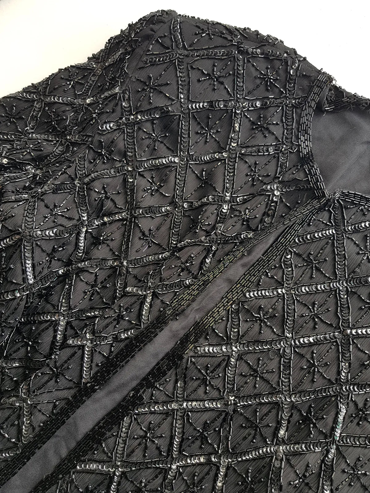 Vintage Silk Spectacular Sparkling Diamond Pattern Heavily Beaded Jacket in Black - Immaculate - Hand Beaded - Bridal Quality