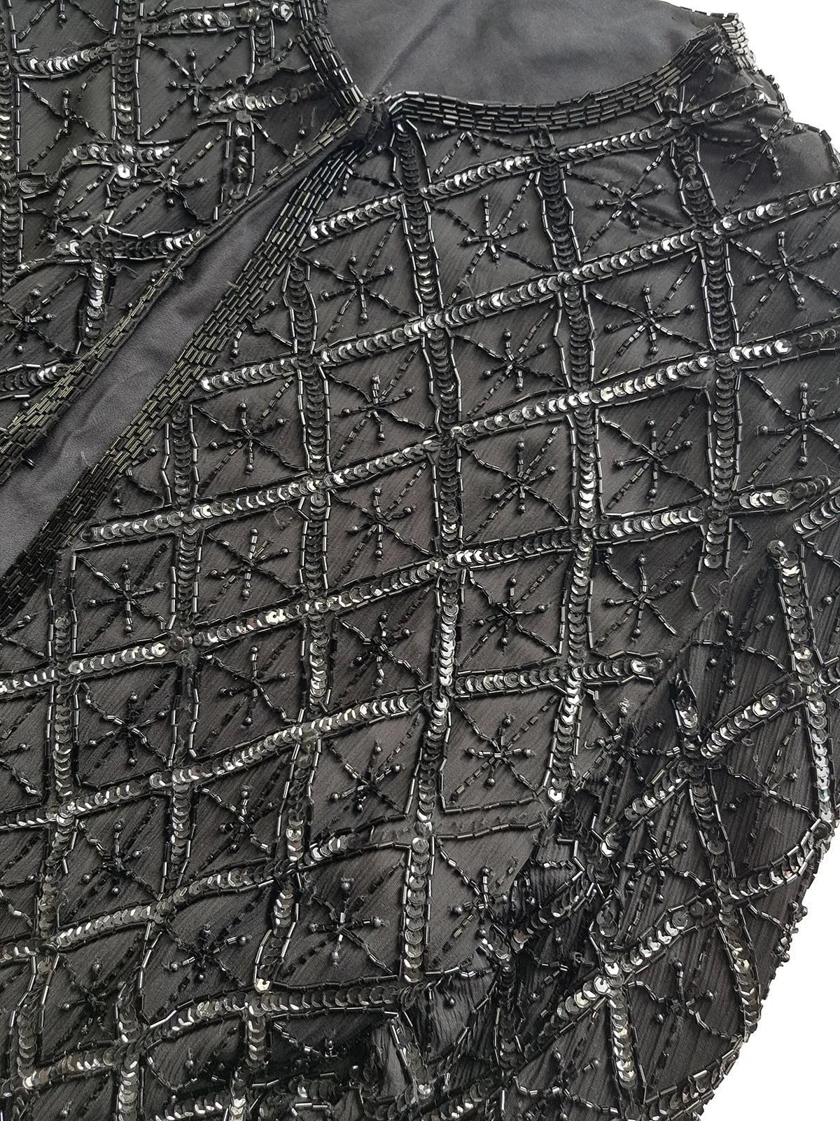 Vintage Silk Spectacular Sparkling Diamond Pattern Heavily Beaded Jacket in Black - Immaculate - Hand Beaded - Bridal Quality