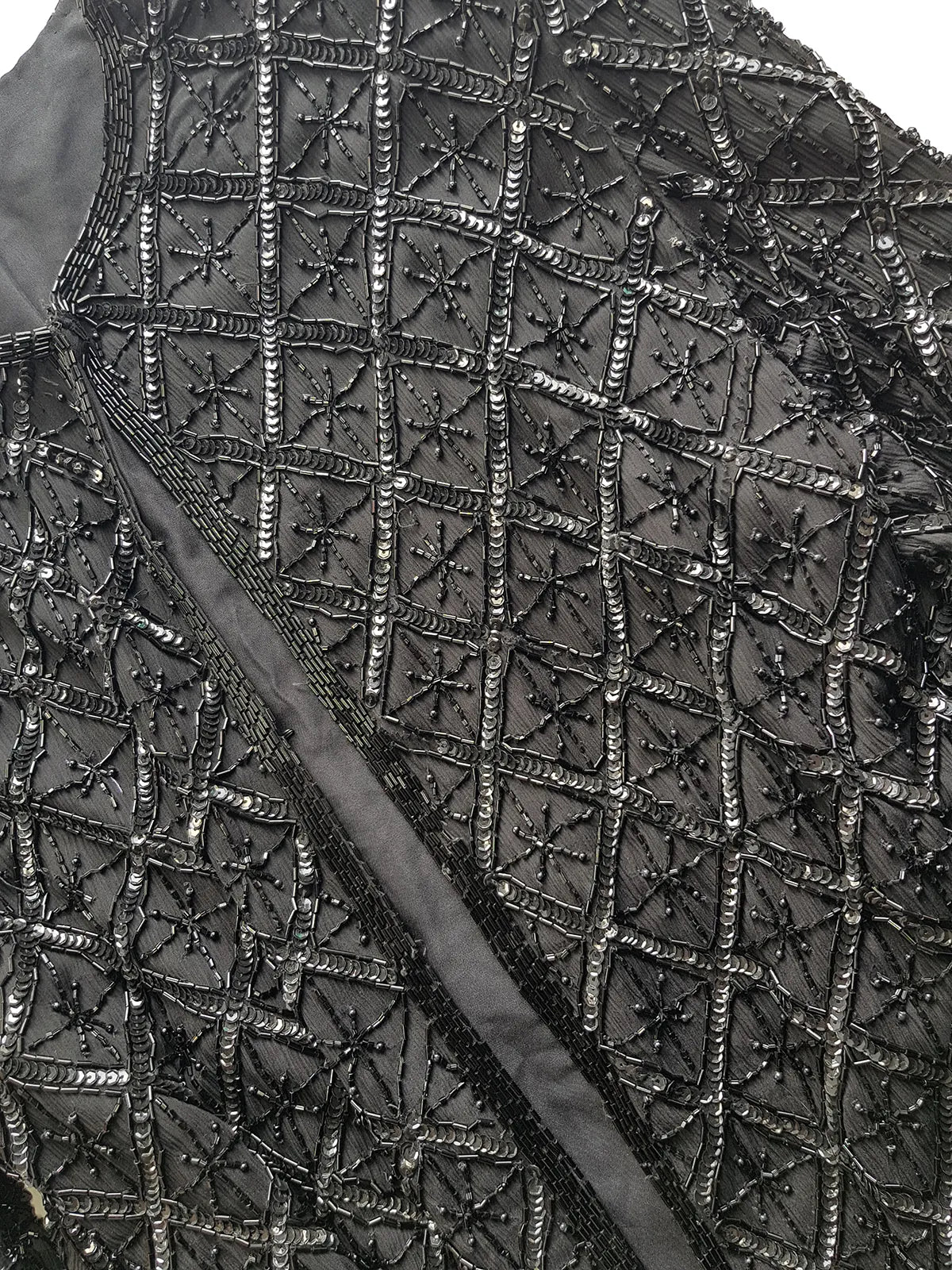 Vintage Silk Spectacular Sparkling Diamond Pattern Heavily Beaded Jacket in Black - Immaculate - Hand Beaded - Bridal Quality