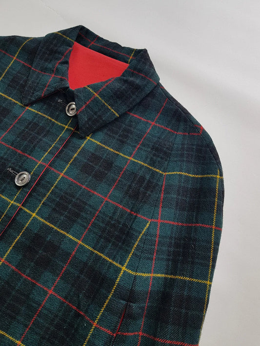 Vintage 1960s Plaid Cape in Hunter Green with Knockout Red Lining - Ralph Lauren Equestrian Style - Button Front Closure