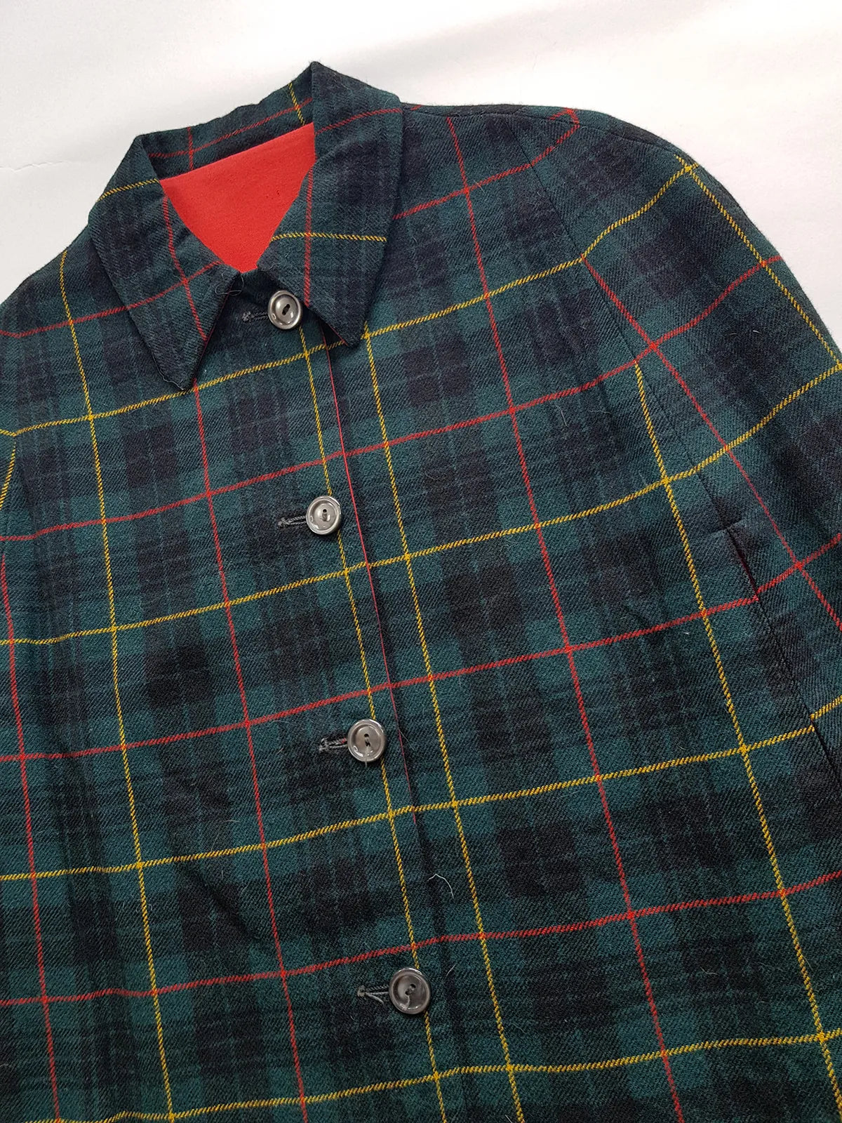 Vintage 1960s Plaid Cape in Hunter Green with Knockout Red Lining - Ralph Lauren Equestrian Style - Button Front Closure