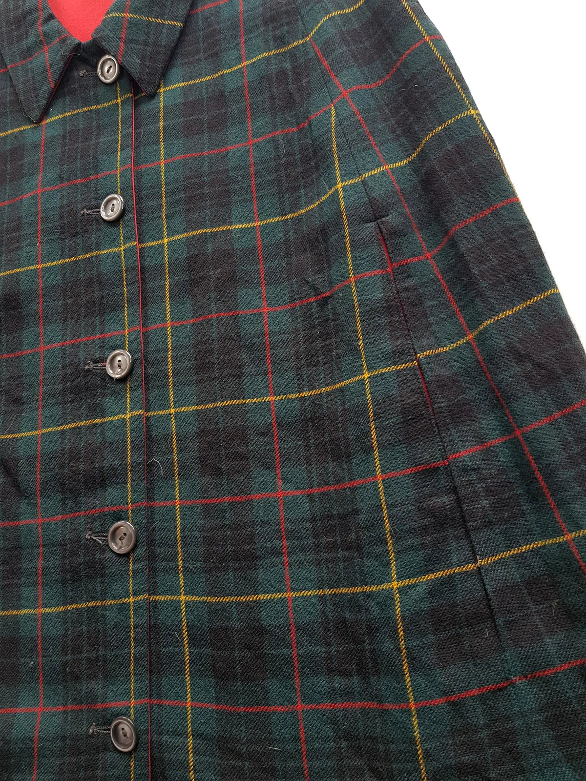 Vintage 1960s Plaid Cape in Hunter Green with Knockout Red Lining - Ralph Lauren Equestrian Style - Button Front Closure