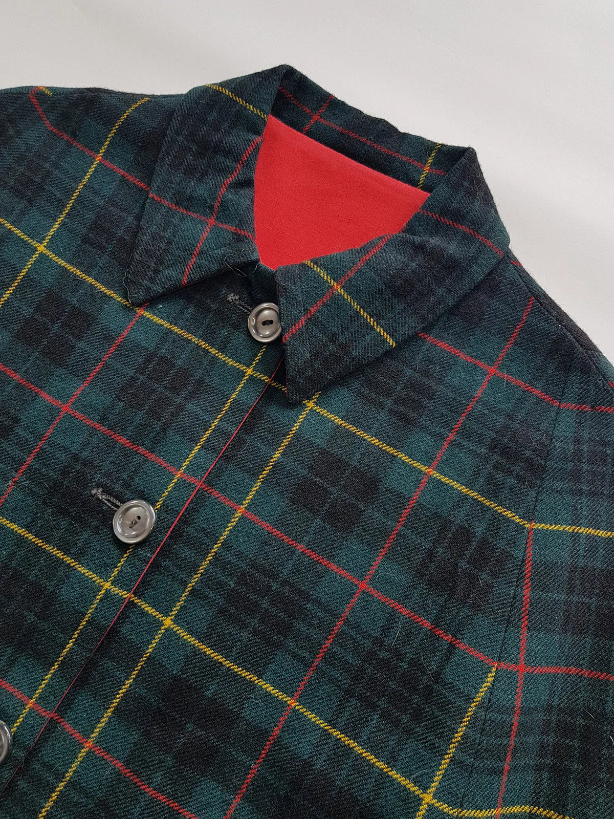 Vintage 1960s Plaid Cape in Hunter Green with Knockout Red Lining - Ralph Lauren Equestrian Style - Button Front Closure