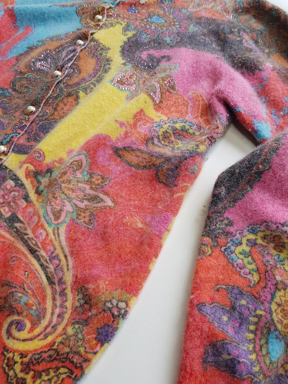 Vintage Italian 2000s Fluffy Top with Absolutely Wild Print and Hand Rhinestoning over one shoulder