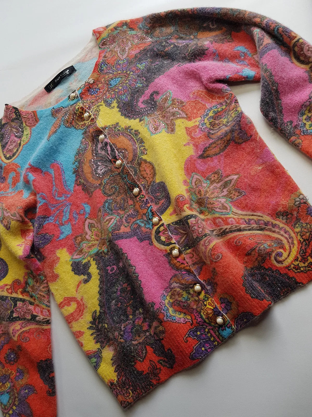 Vintage Italian 2000s Fluffy Top with Absolutely Wild Print and Hand Rhinestoning over one shoulder