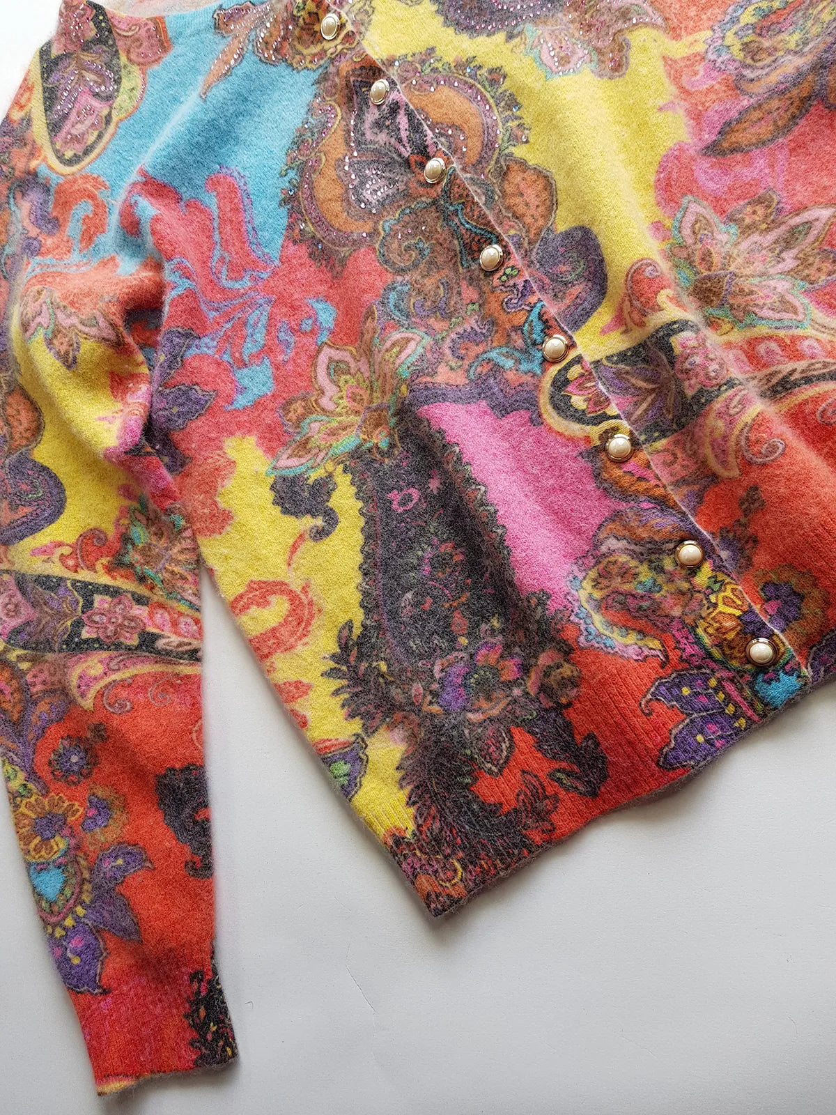 Vintage Italian 2000s Fluffy Top with Absolutely Wild Print and Hand Rhinestoning over one shoulder