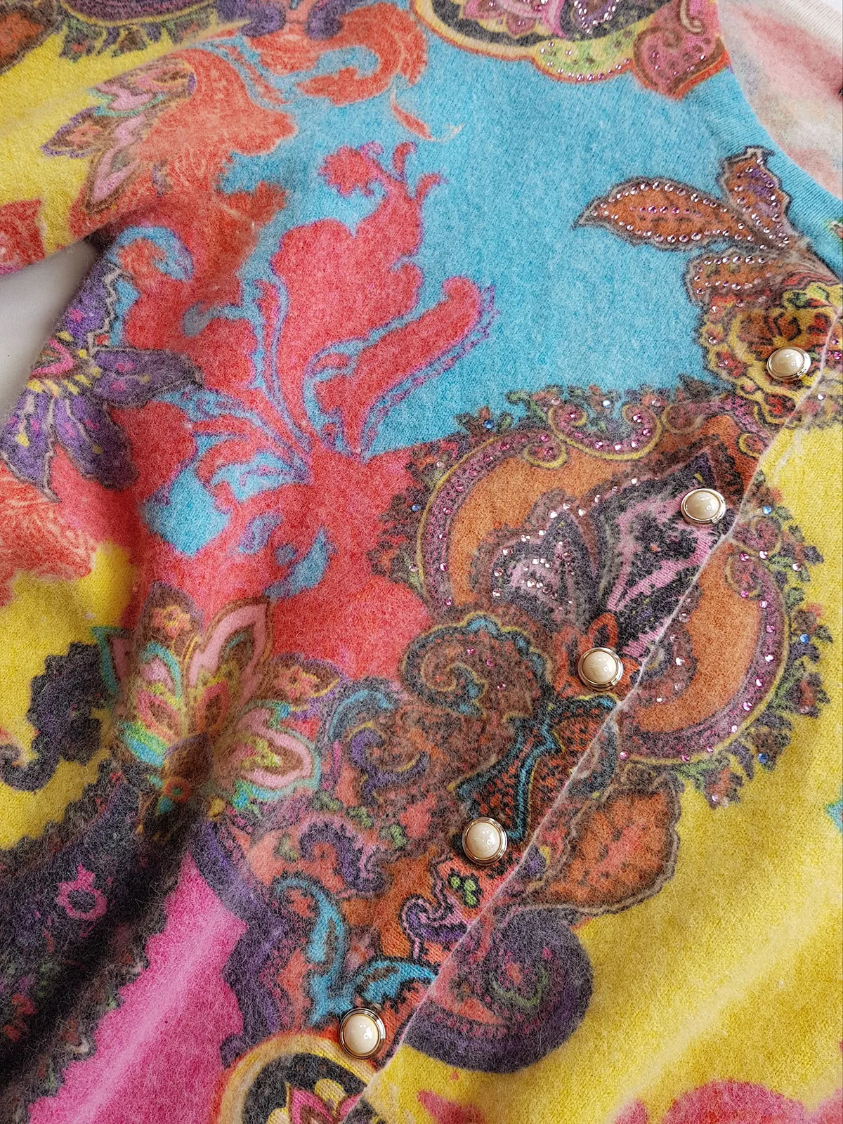 Vintage Italian 2000s Fluffy Top with Absolutely Wild Print and Hand Rhinestoning over one shoulder