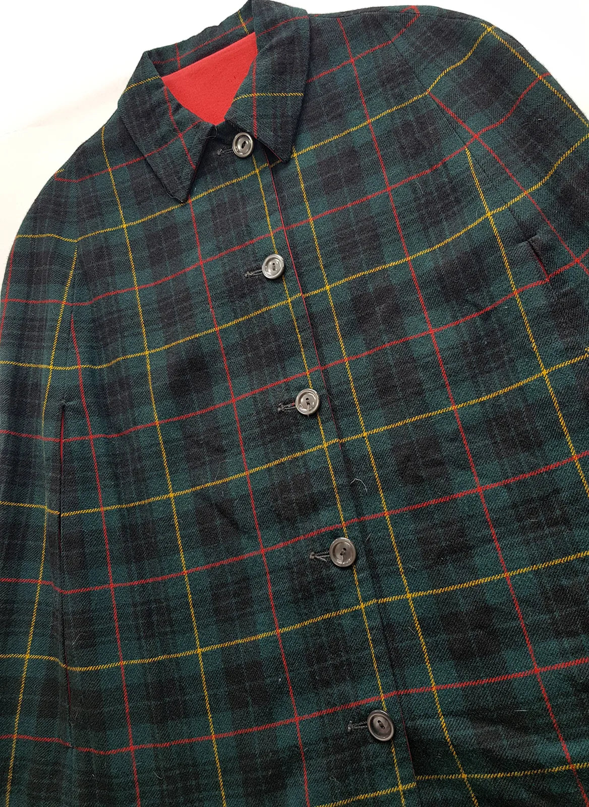 Vintage 1960s Plaid Cape in Hunter Green with Knockout Red Lining - Ralph Lauren Equestrian Style - Button Front Closure