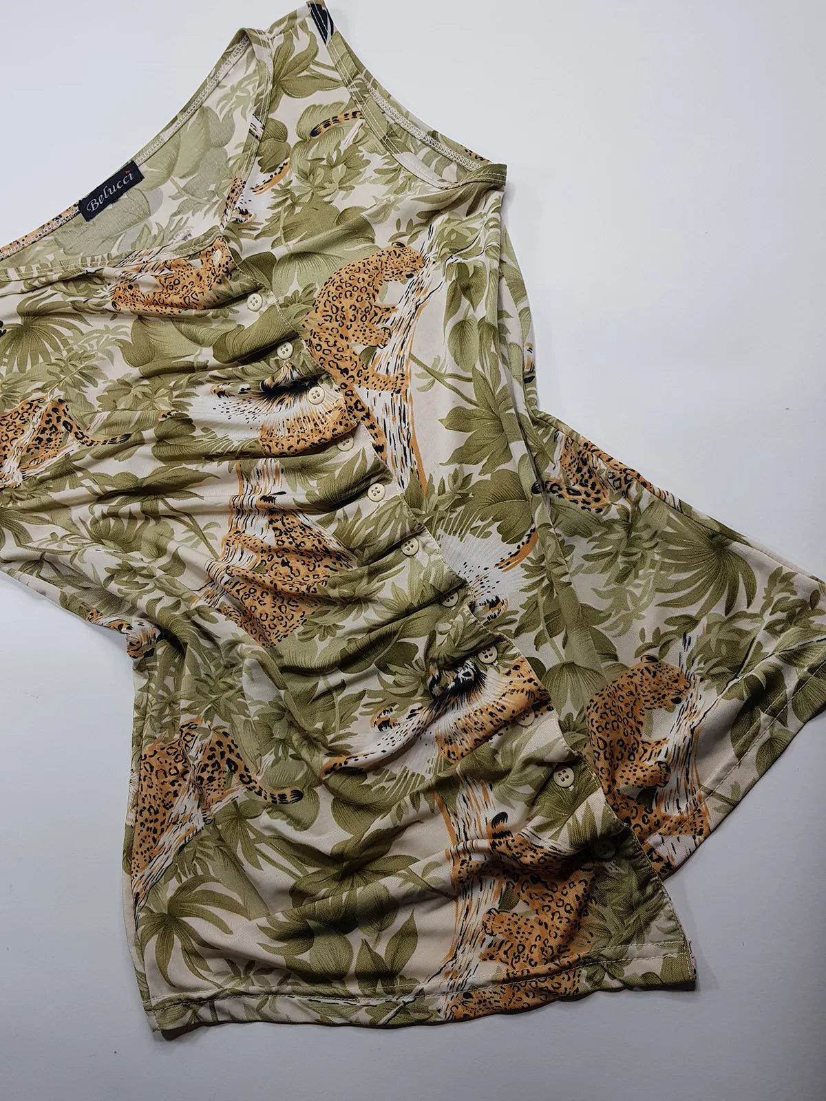 1990s Sexy Vintage Italian Asymmetrical Print Top - Leopard in the Jungle Print - Button Feature Front - Tight & Form Fitting Stretch Fabric - Muted Greens & Neutrals