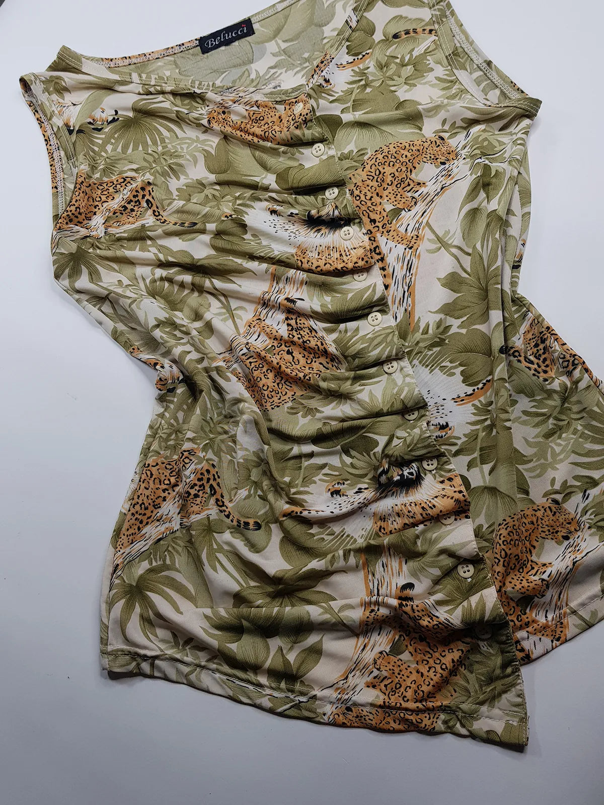 1990s Sexy Vintage Italian Asymmetrical Print Top - Leopard in the Jungle Print - Button Feature Front - Tight & Form Fitting Stretch Fabric - Muted Greens & Neutrals