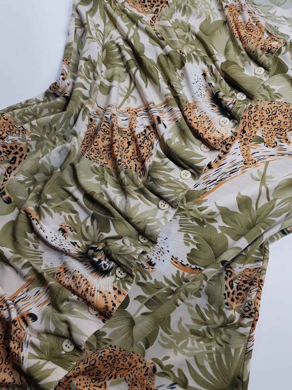 1990s Sexy Vintage Italian Asymmetrical Print Top - Leopard in the Jungle Print - Button Feature Front - Tight & Form Fitting Stretch Fabric - Muted Greens & Neutrals