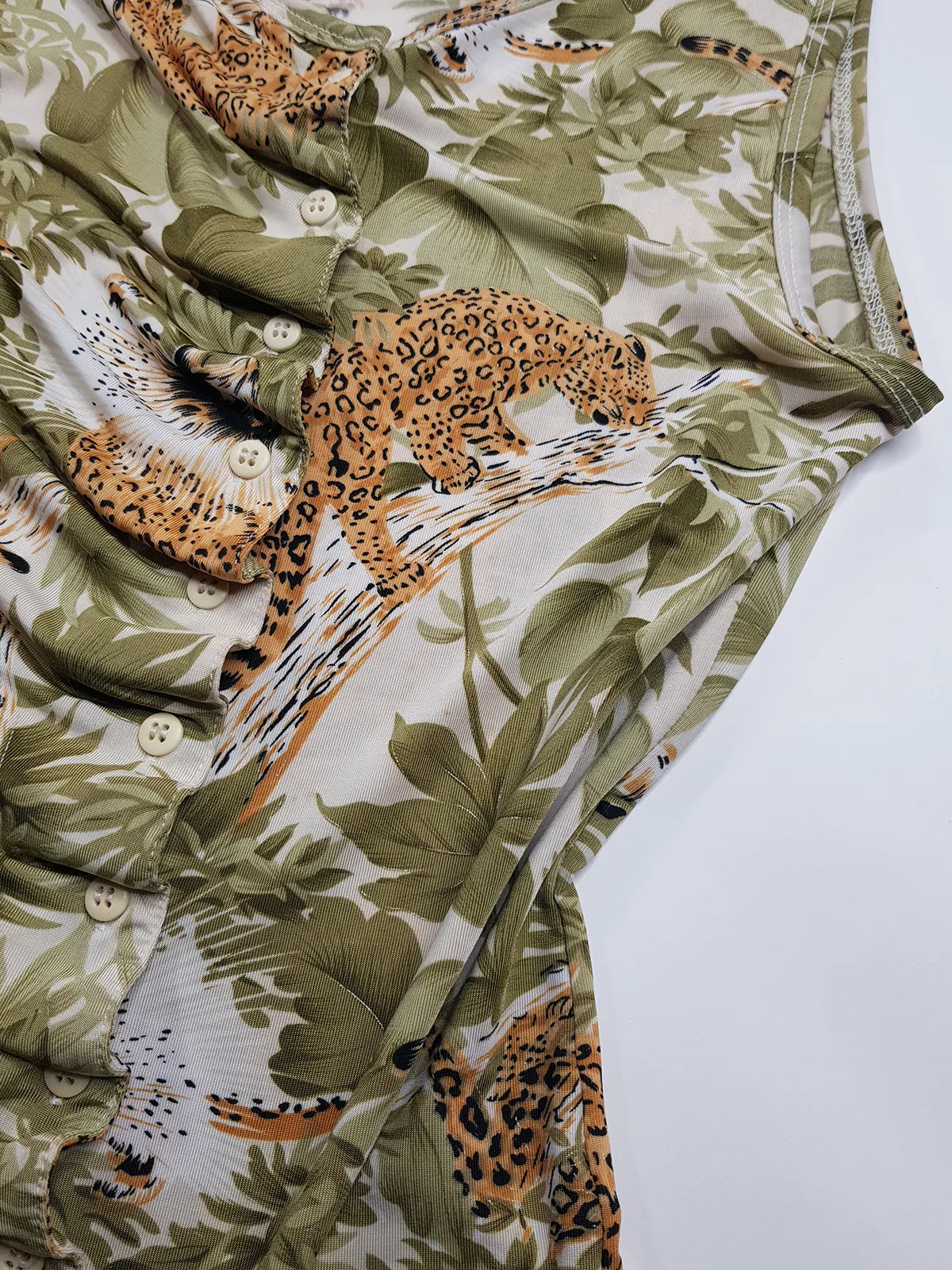 1990s Sexy Vintage Italian Asymmetrical Print Top - Leopard in the Jungle Print - Button Feature Front - Tight & Form Fitting Stretch Fabric - Muted Greens & Neutrals