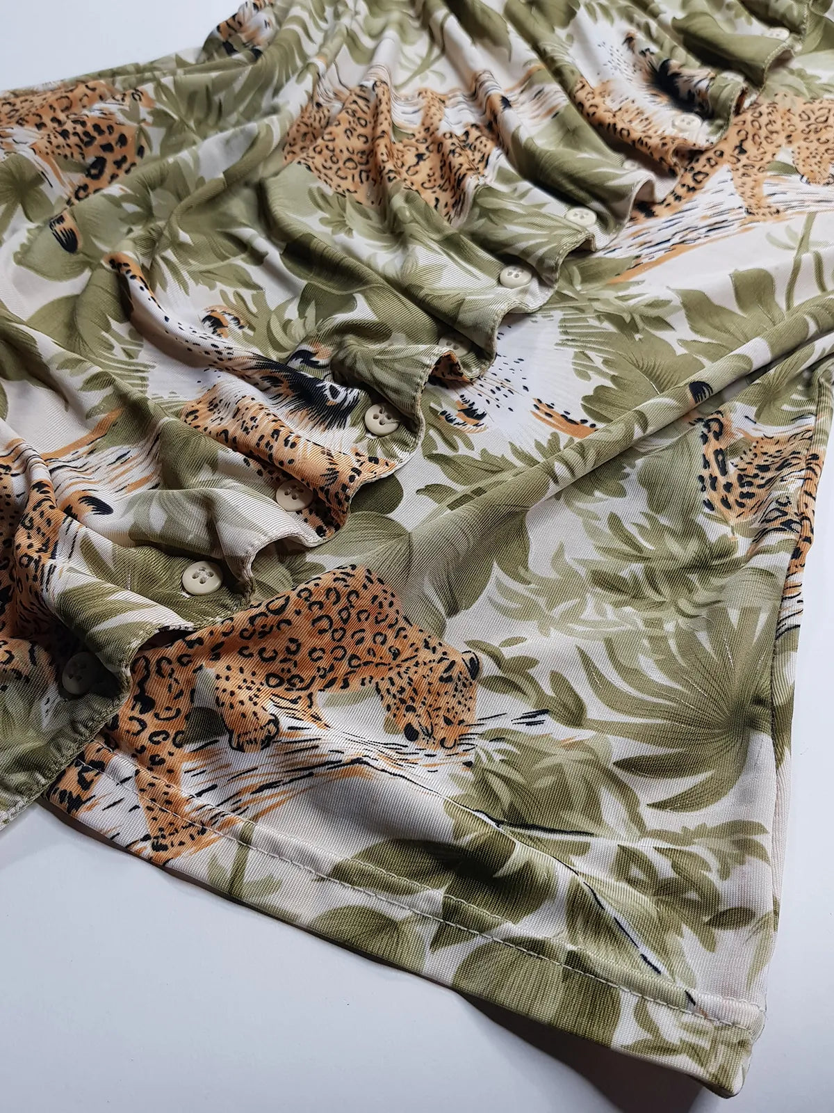 1990s Sexy Vintage Italian Asymmetrical Print Top - Leopard in the Jungle Print - Button Feature Front - Tight & Form Fitting Stretch Fabric - Muted Greens & Neutrals