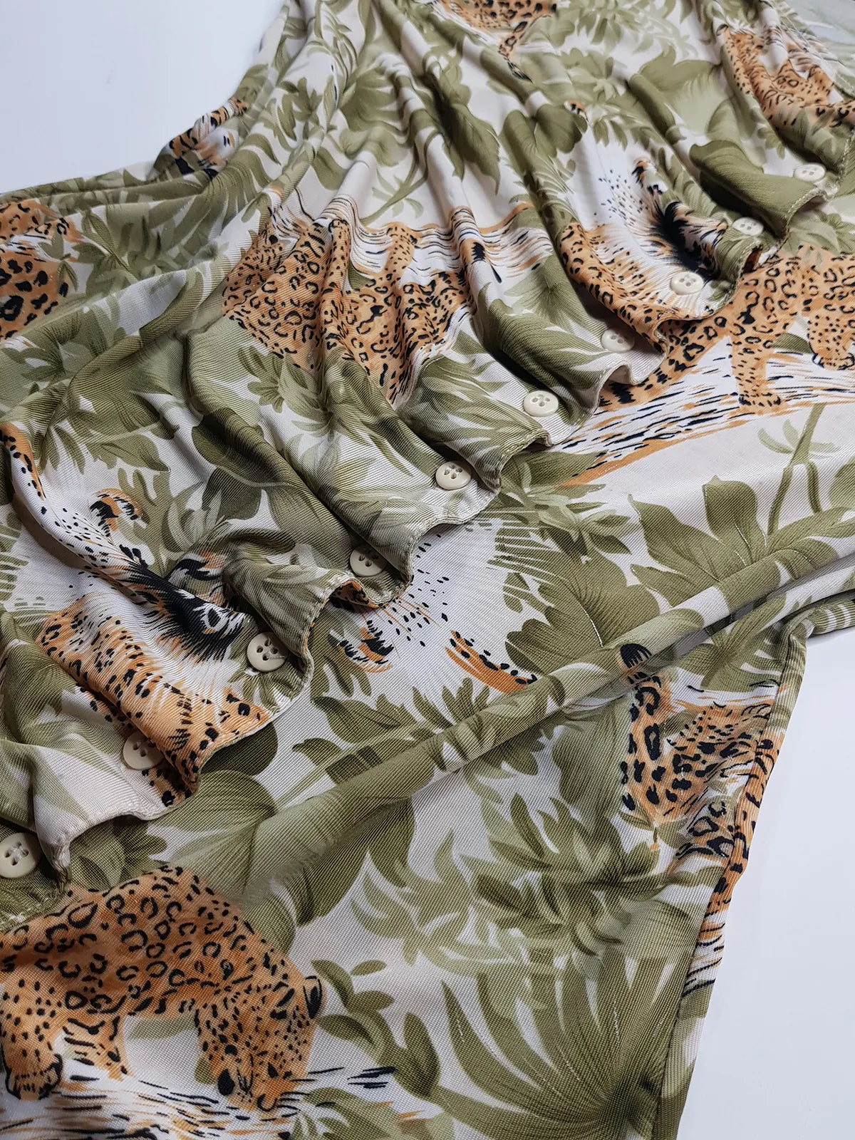 1990s Sexy Vintage Italian Asymmetrical Print Top - Leopard in the Jungle Print - Button Feature Front - Tight & Form Fitting Stretch Fabric - Muted Greens & Neutrals
