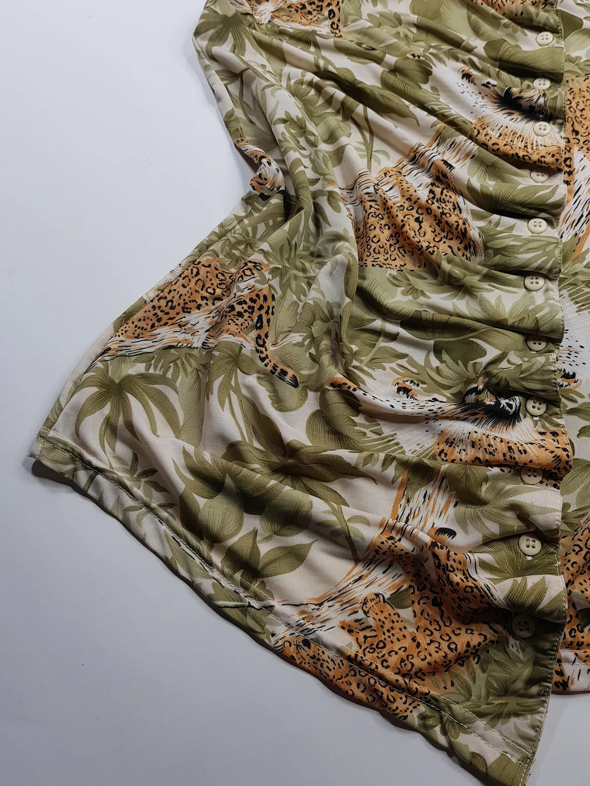 1990s Sexy Vintage Italian Asymmetrical Print Top - Leopard in the Jungle Print - Button Feature Front - Tight & Form Fitting Stretch Fabric - Muted Greens & Neutrals