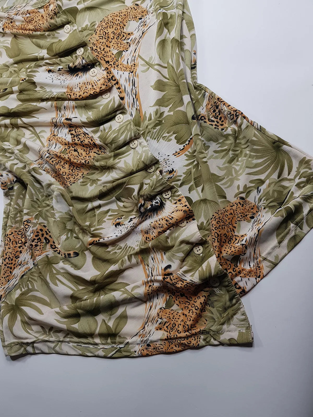 1990s Sexy Vintage Italian Asymmetrical Print Top - Leopard in the Jungle Print - Button Feature Front - Tight & Form Fitting Stretch Fabric - Muted Greens & Neutrals